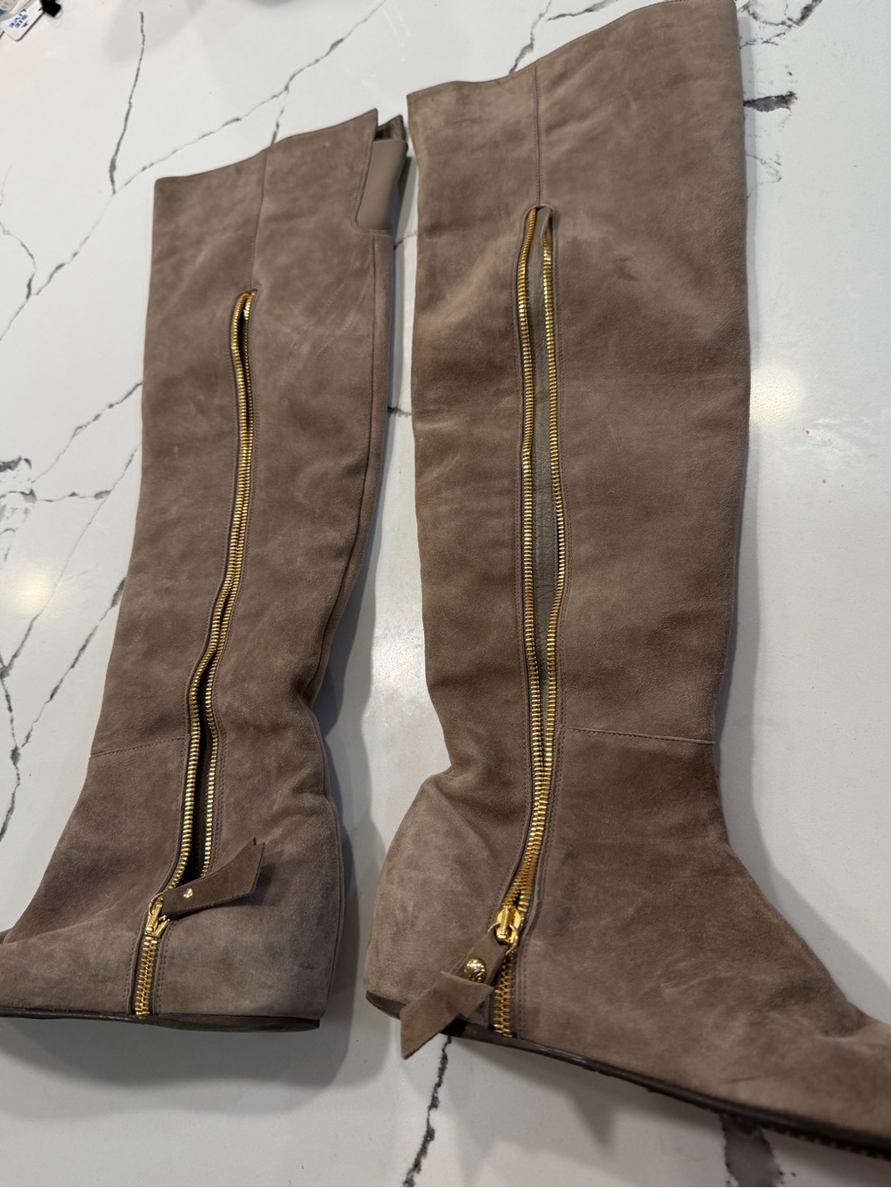 Stuart Weitzeman Knee-High Boots in Taupe with Gold Zipper